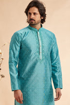 Turquoise Jacquard Silk Plain Straight Kurta Pajama for Men for Festival & Weddings - Embroidery Work