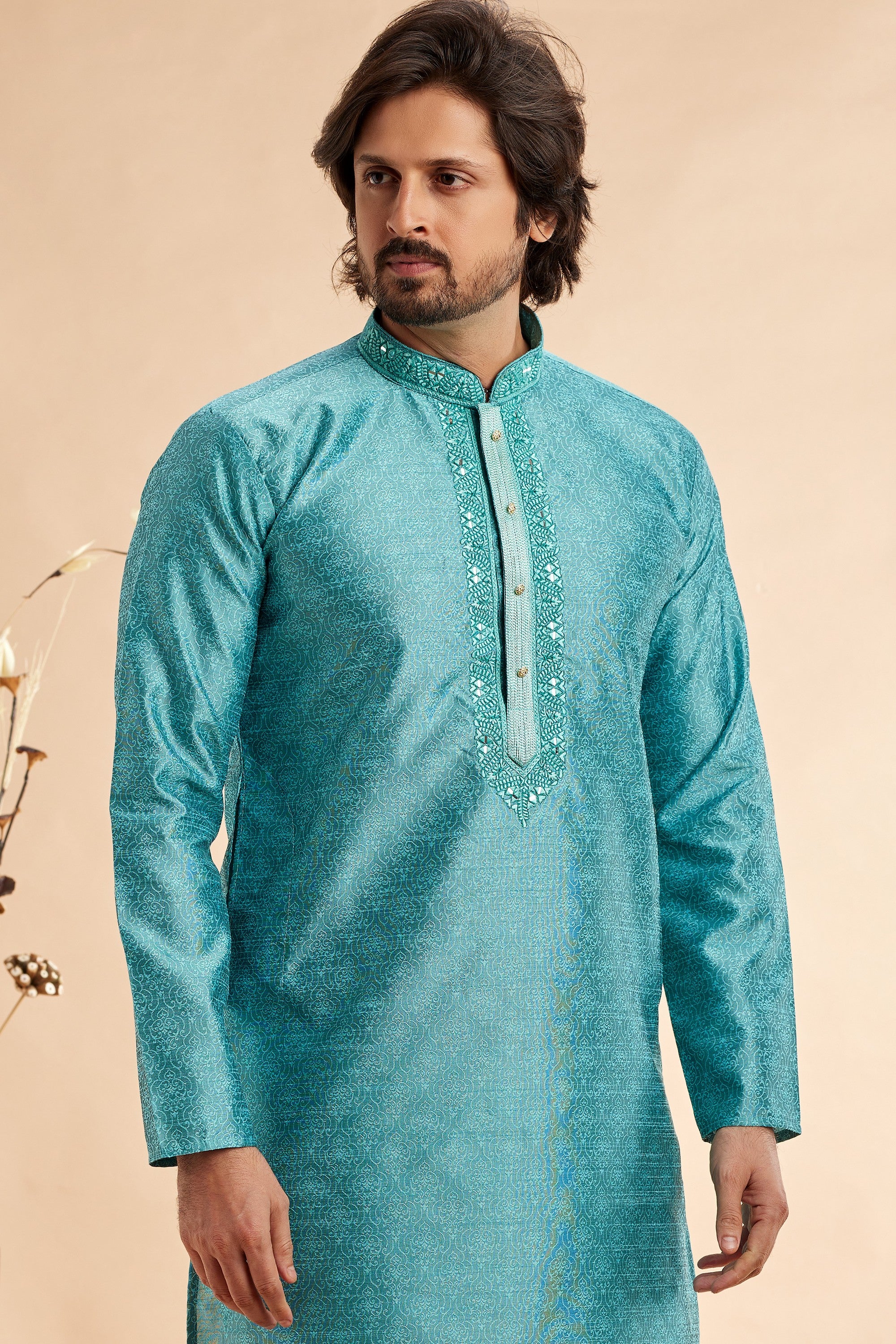 Turquoise Jacquard Silk Plain Straight Kurta Pajama for Men for Festival & Weddings - Embroidery Work