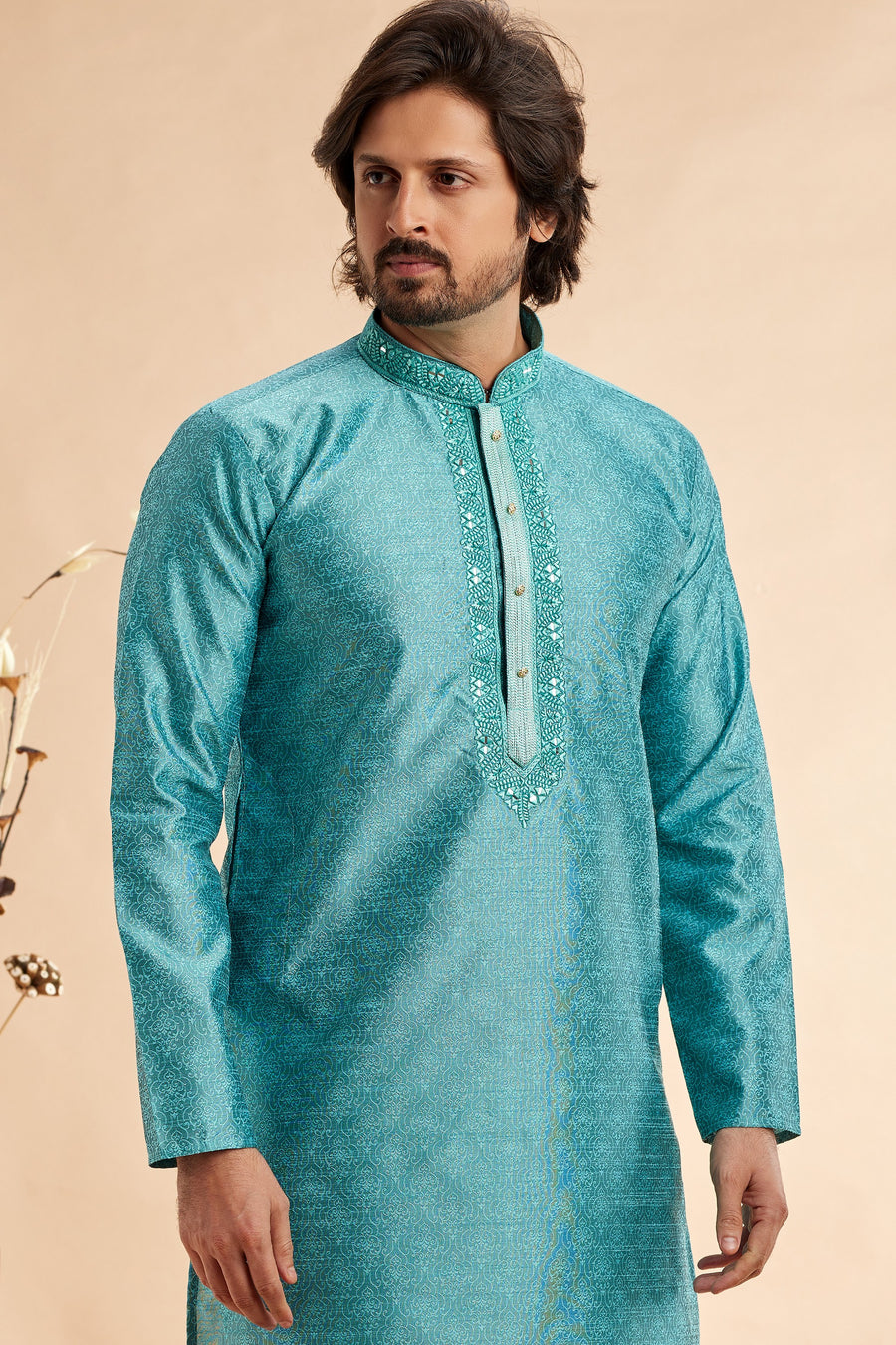 Turquoise Jacquard Silk Plain Straight Kurta Pajama for Men for Festival & Weddings - Embroidery Work