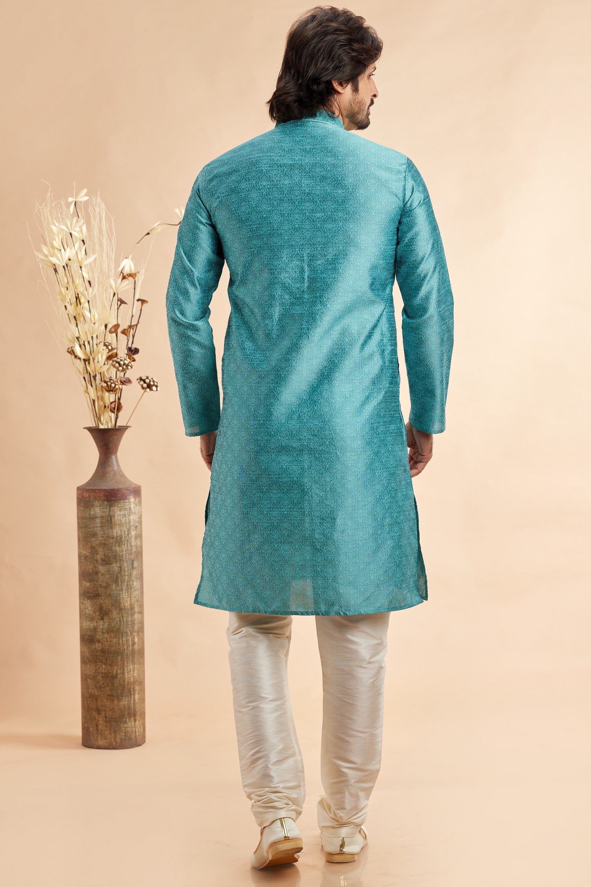 Turquoise Jacquard Silk Plain Straight Kurta Pajama for Men for Festival & Weddings - Embroidery Work