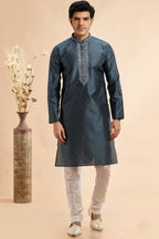 Dark Gray Jacquard Silk Plain Straight Kurta Pajama for Men for Festival & Weddings - Embroidery Work