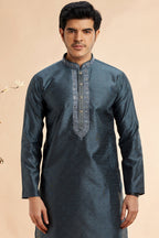 Dark Gray Jacquard Silk Plain Straight Kurta Pajama for Men for Festival & Weddings - Embroidery Work