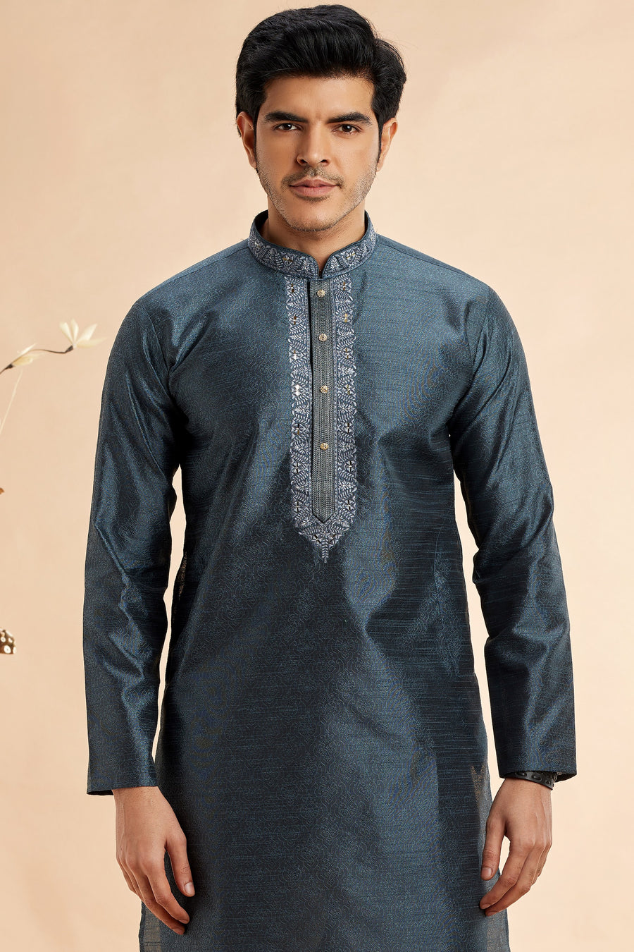 Dark Gray Jacquard Silk Plain Straight Kurta Pajama for Men for Festival & Weddings - Embroidery Work
