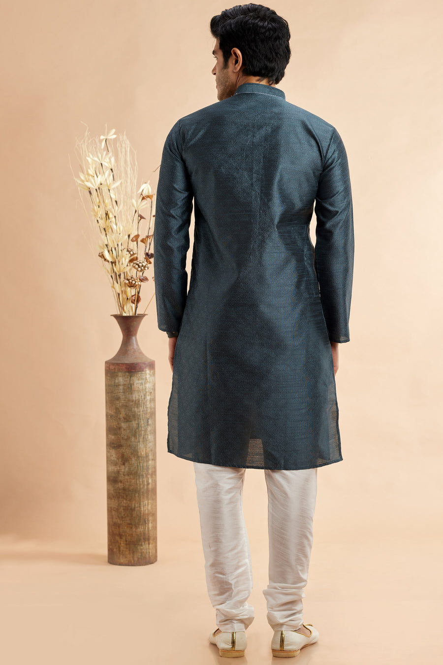 Dark Gray Jacquard Silk Plain Straight Kurta Pajama for Men for Festival & Weddings - Embroidery Work