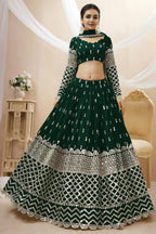 Green Georgette Lehenga Choli For Indian & Pakistani Wedding Festival - Sequins & Thread Embroidery Work, Zari Work
