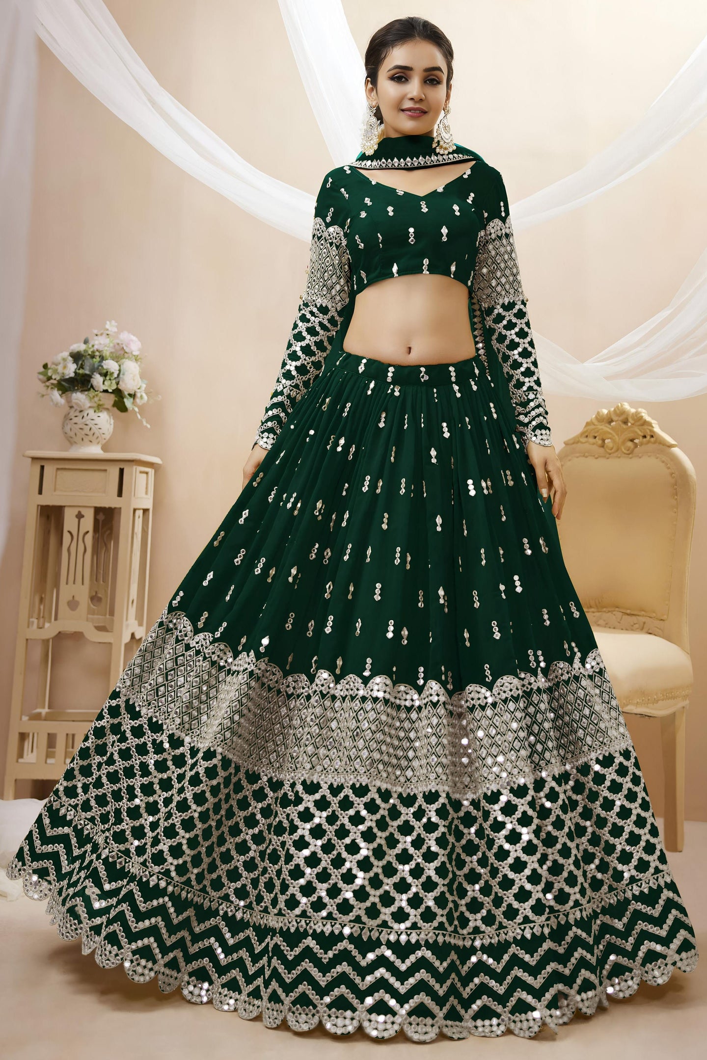 Green Georgette Lehenga Choli For Indian & Pakistani Wedding Festival - Sequins & Thread Embroidery Work, Zari Work