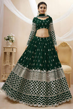 Dark Green Georgette Lehenga Choli For Indian & Pakistani Wedding Festival - Sequins & Thread Embroidery Work, Zari Work