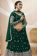 Green Georgette Lehenga Choli For Indian & Pakistani Wedding Festival - Sequins & Thread Embroidery Work, Zari Work