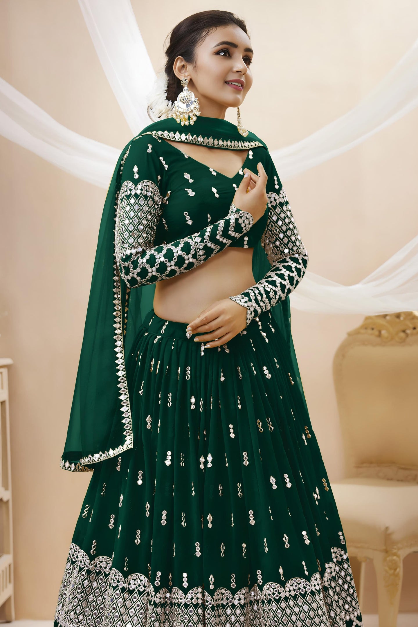 Green Georgette Lehenga Choli For Indian & Pakistani Wedding Festival - Sequins & Thread Embroidery Work, Zari Work