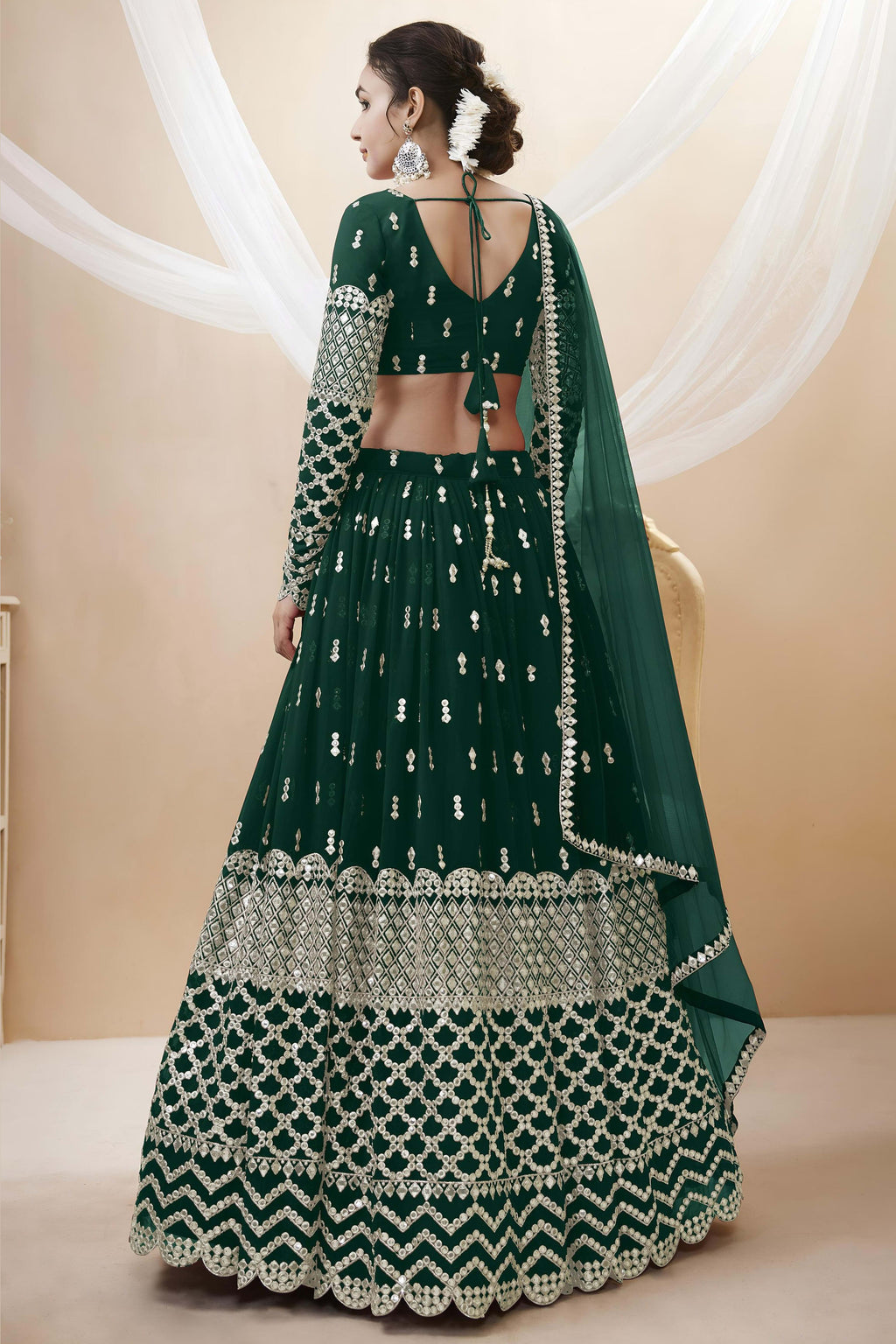 Green Georgette Lehenga Choli For Indian & Pakistani Wedding Festival - Sequins & Thread Embroidery Work, Zari Work