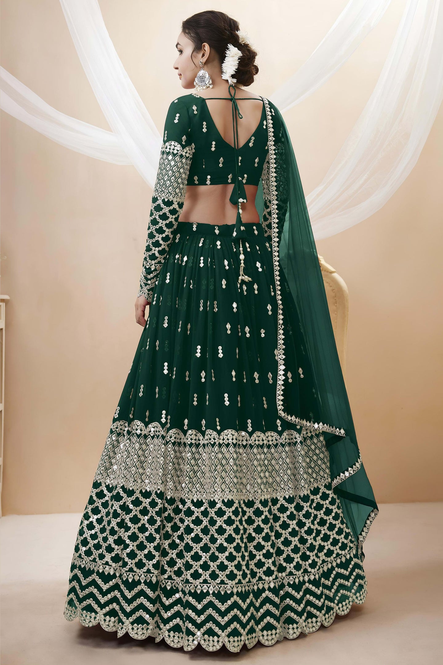Green Georgette Lehenga Choli For Indian & Pakistani Wedding Festival - Sequins & Thread Embroidery Work, Zari Work