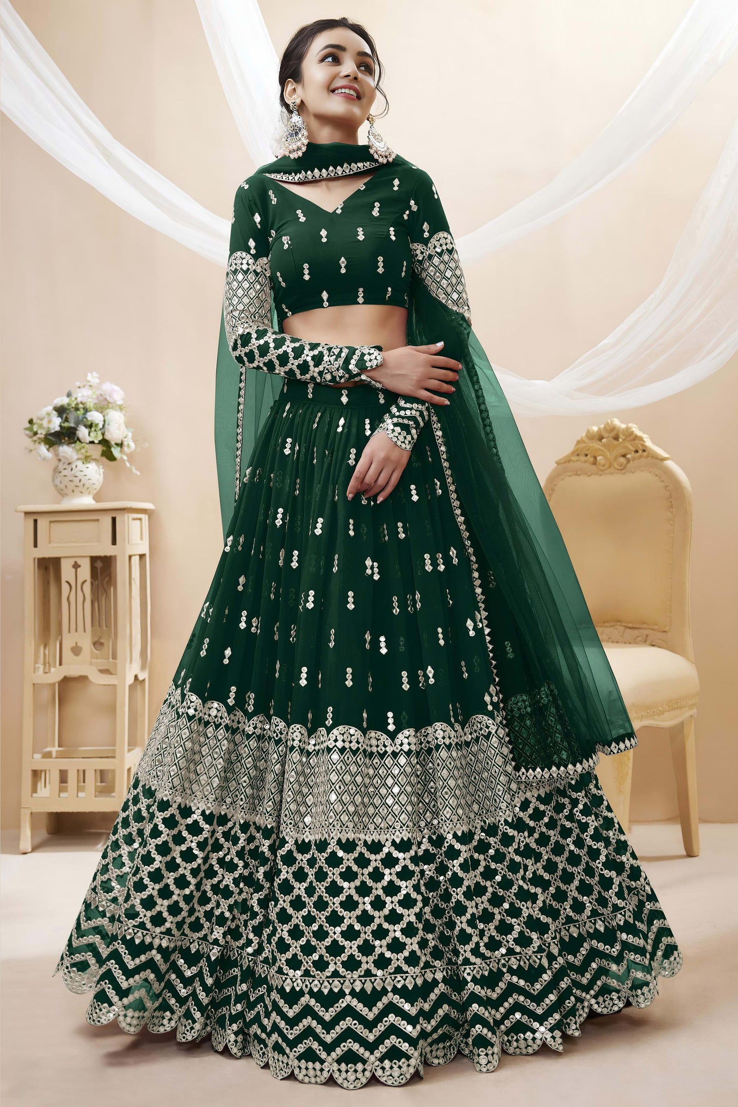 Green Georgette Lehenga Choli For Indian & Pakistani Wedding Festival - Sequins & Thread Embroidery Work, Zari Work