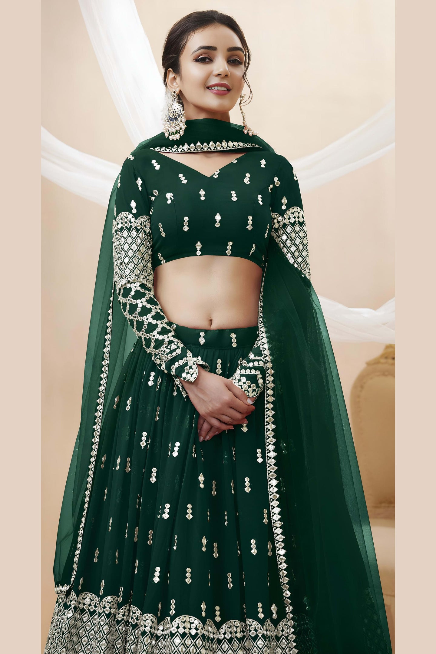 Green Georgette Lehenga Choli For Indian & Pakistani Wedding Festival - Sequins & Thread Embroidery Work, Zari Work