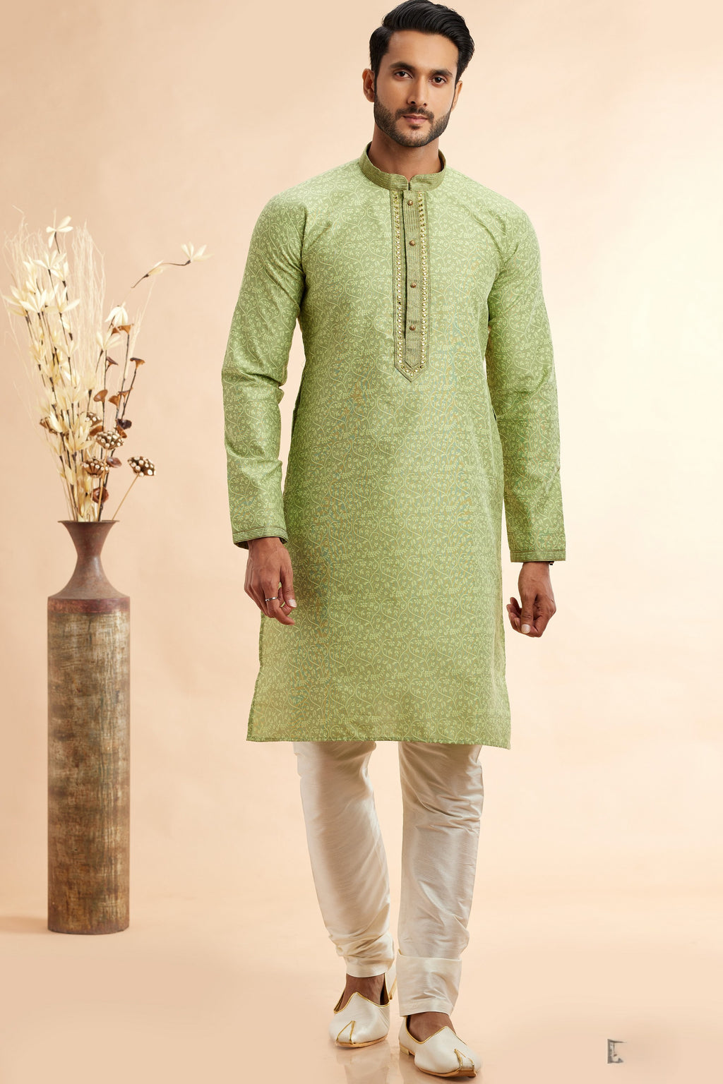Pista Green Jacquard Silk Plain Straight Kurta Pajama for Men for Festival & Weddings - Embroidery Work