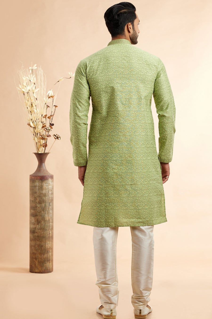 Pista Green Jacquard Silk Plain Straight Kurta Pajama for Men for Festival & Weddings - Embroidery Work