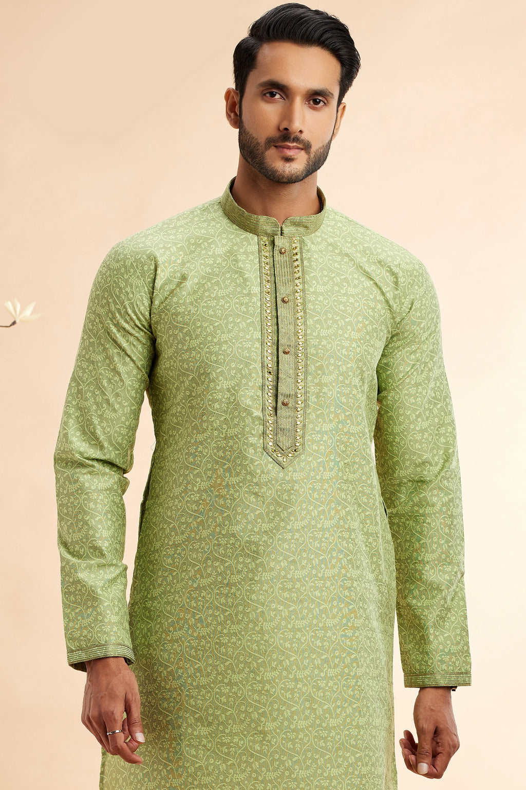 Pista Green Jacquard Silk Plain Straight Kurta Pajama for Men for Festival & Weddings - Embroidery Work
