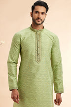 Pista Green Jacquard Silk Plain Straight Kurta Pajama for Men for Festival & Weddings - Embroidery Work