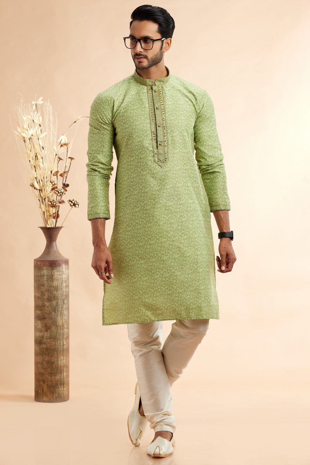 Pista Green Jacquard Silk Plain Straight Kurta Pajama for Men for Festival & Weddings - Embroidery Work