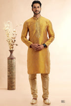 Golden Jacquard Silk Plain Straight Kurta Pajama for Men for Festival & Weddings - Embroidery Work