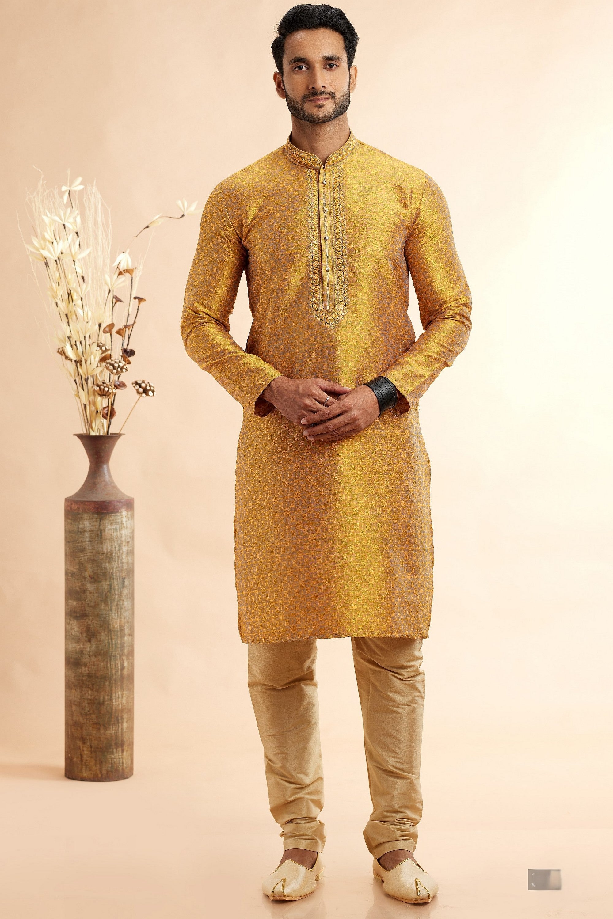 Golden Jacquard Silk Plain Straight Kurta Pajama for Men for Festival & Weddings - Embroidery Work