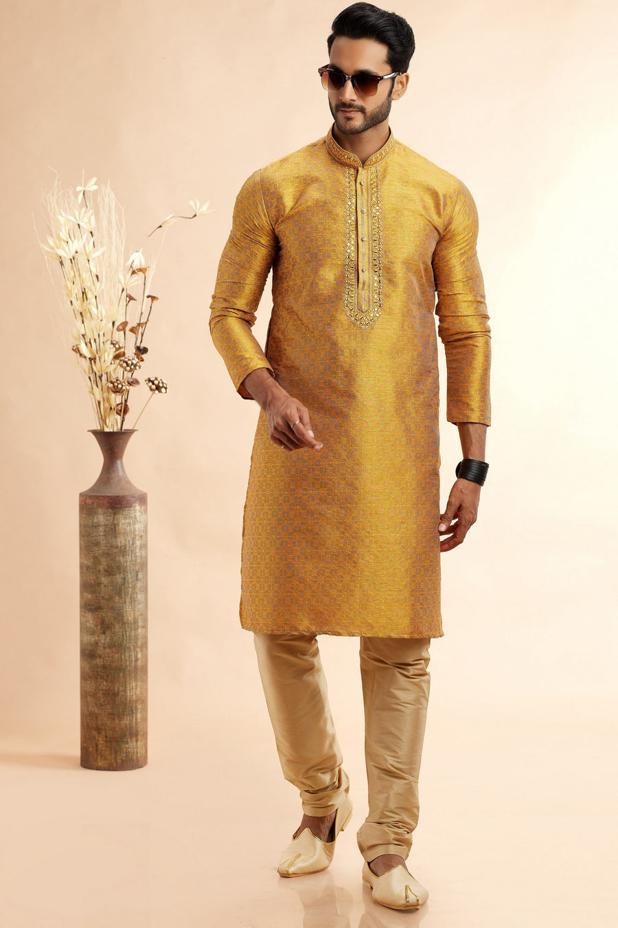 Golden Jacquard Silk Plain Straight Kurta Pajama for Men for Festival & Weddings - Embroidery Work