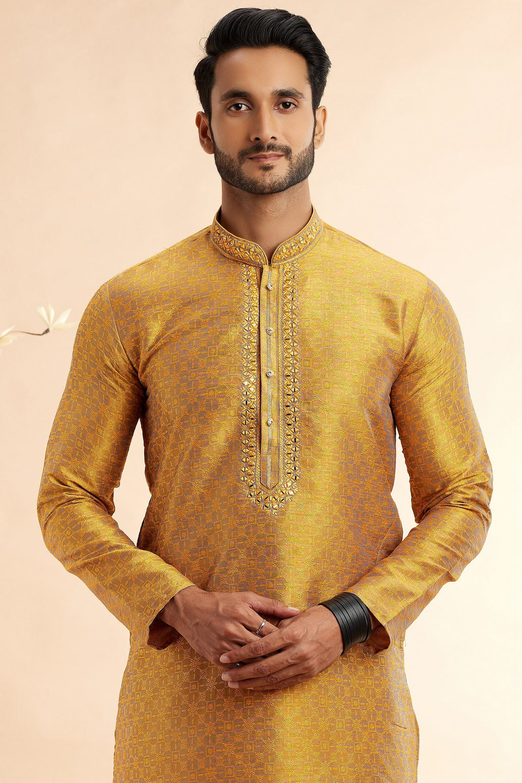 Golden Jacquard Silk Plain Straight Kurta Pajama for Men for Festival & Weddings - Embroidery Work