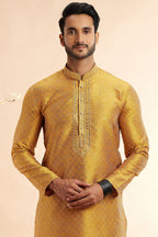 Golden Jacquard Silk Plain Straight Kurta Pajama for Men for Festival & Weddings - Embroidery Work