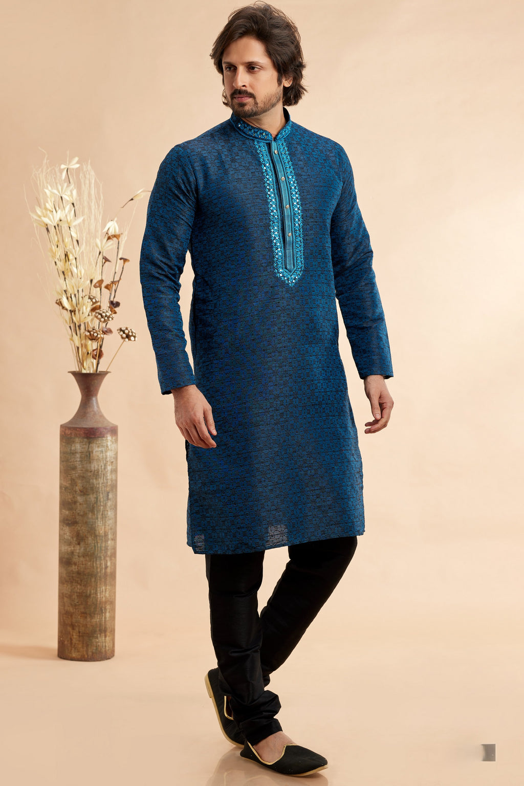 Berry Blue Jacquard Silk Plain Straight Kurta Pajama for Men for Festival & Weddings - Embroidery Work