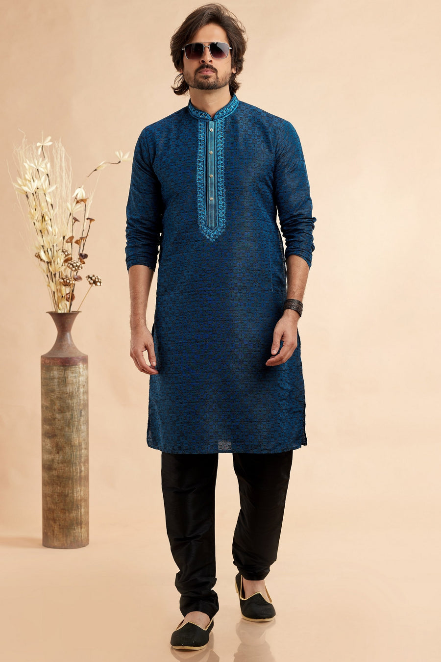 Berry Blue Jacquard Silk Plain Straight Kurta Pajama for Men for Festival & Weddings - Embroidery Work