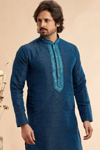 Berry Blue Jacquard Silk Plain Straight Kurta Pajama for Men for Festival & Weddings - Embroidery Work