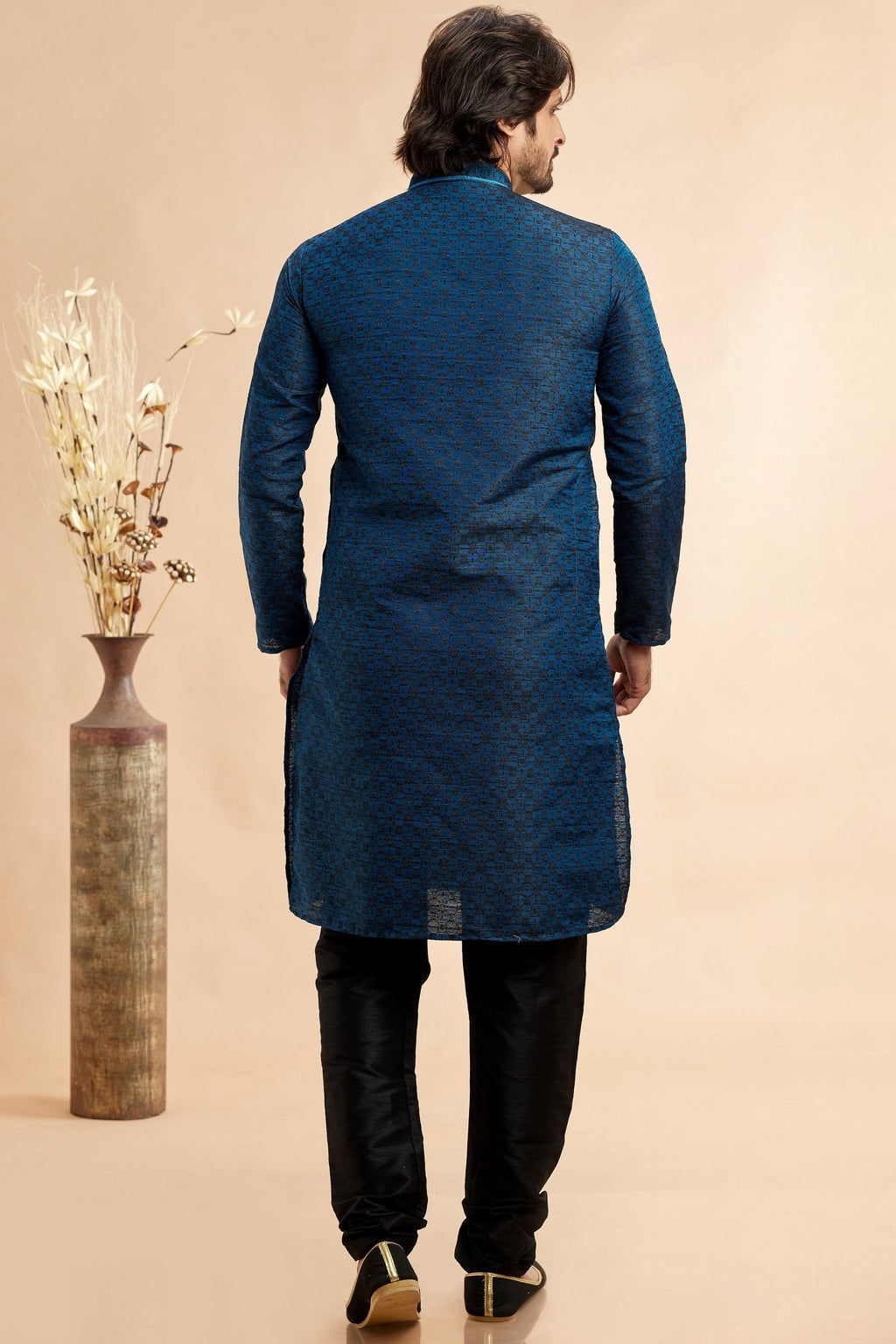 Berry Blue Jacquard Silk Plain Straight Kurta Pajama for Men for Festival & Weddings - Embroidery Work