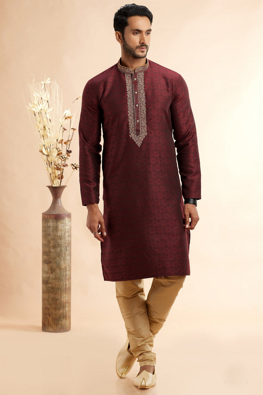 Wine Jacquard Silk Plain Straight Kurta Pajama for Men for Festival & Weddings - Embroidery Work