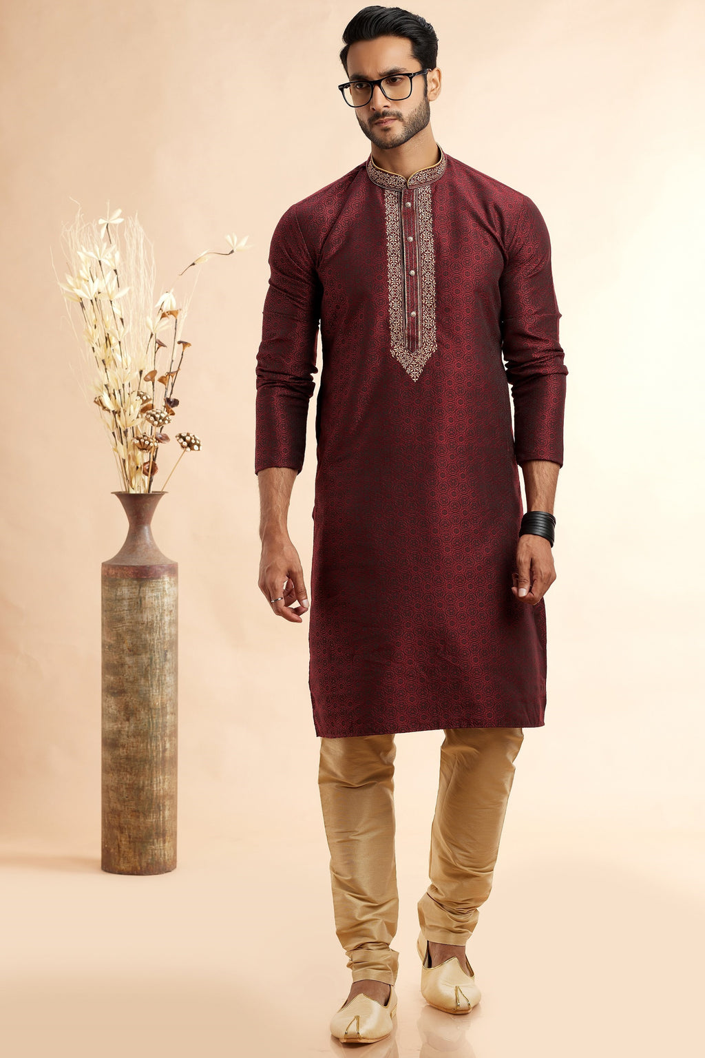 Wine Jacquard Silk Plain Straight Kurta Pajama for Men for Festival & Weddings - Embroidery Work