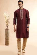 Wine Jacquard Silk Plain Straight Kurta Pajama for Men for Festival & Weddings - Embroidery Work