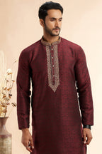 Wine Jacquard Silk Plain Straight Kurta Pajama for Men for Festival & Weddings - Embroidery Work