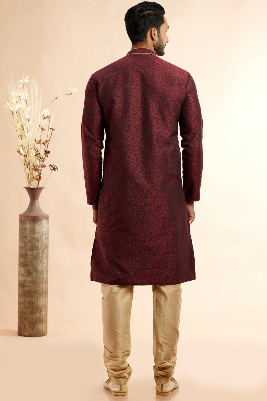 Wine Jacquard Silk Plain Straight Kurta Pajama for Men for Festival & Weddings - Embroidery Work