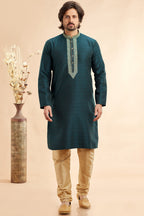Teal Green Jacquard Silk Plain Straight Kurta Pajama for Men for Festival & Weddings - Embroidery Work