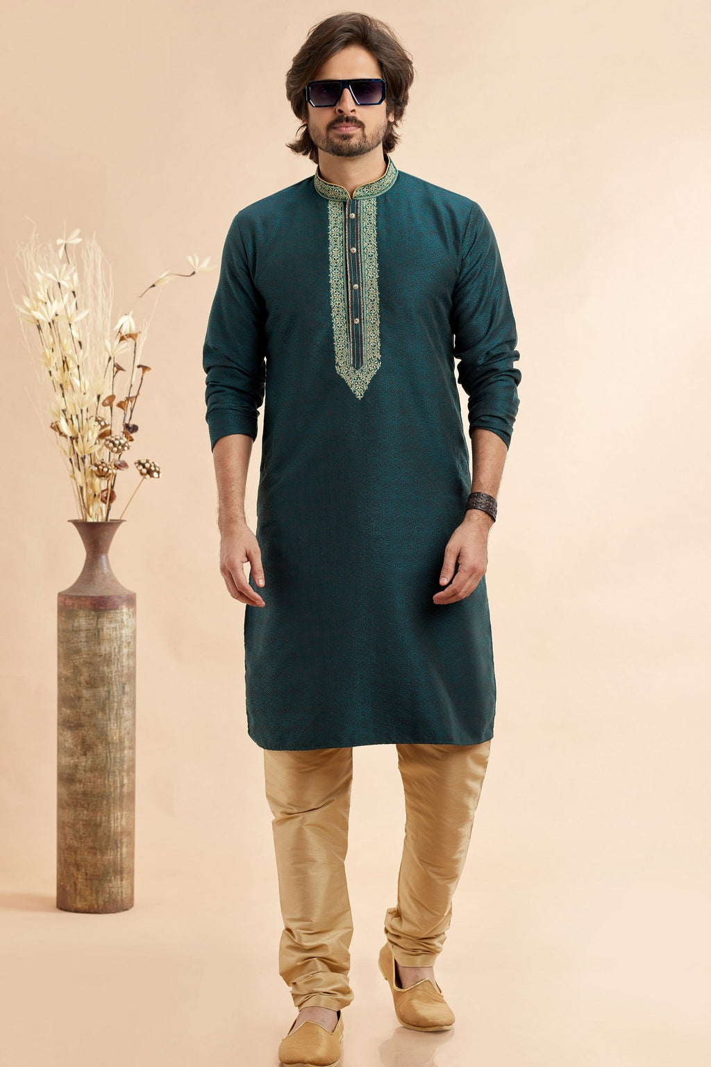 Teal Green Jacquard Silk Plain Straight Kurta Pajama for Men for Festival & Weddings - Embroidery Work
