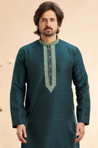 Teal Green Jacquard Silk Plain Straight Kurta Pajama for Men for Festival & Weddings - Embroidery Work