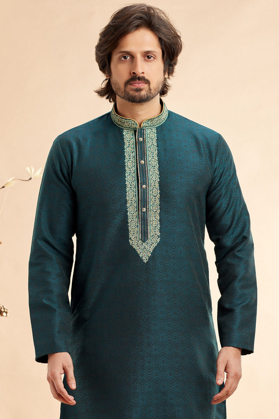 Teal Green Jacquard Silk Plain Straight Kurta Pajama for Men for Festival & Weddings - Embroidery Work