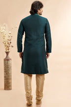 Teal Green Jacquard Silk Plain Straight Kurta Pajama for Men for Festival & Weddings - Embroidery Work