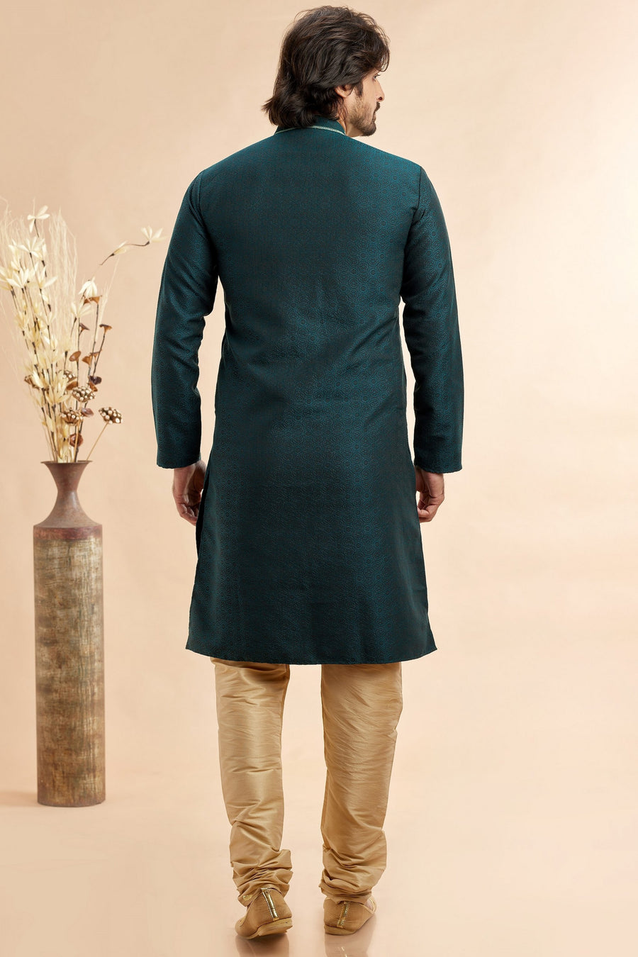 Teal Green Jacquard Silk Plain Straight Kurta Pajama for Men for Festival & Weddings - Embroidery Work