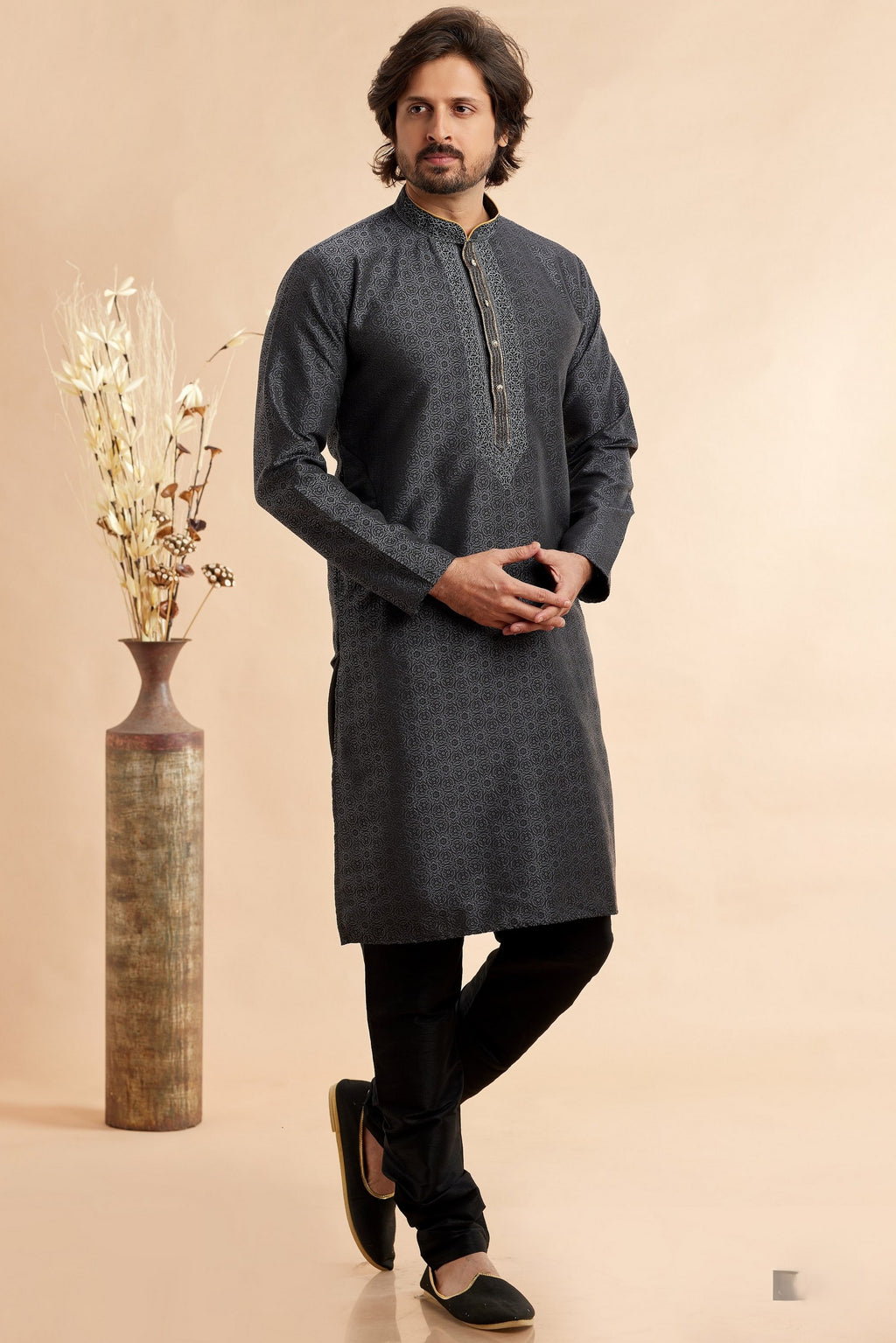 Black Jacquard Silk Plain Straight Kurta Pajama for Men for Festival & Weddings - Embroidery Work