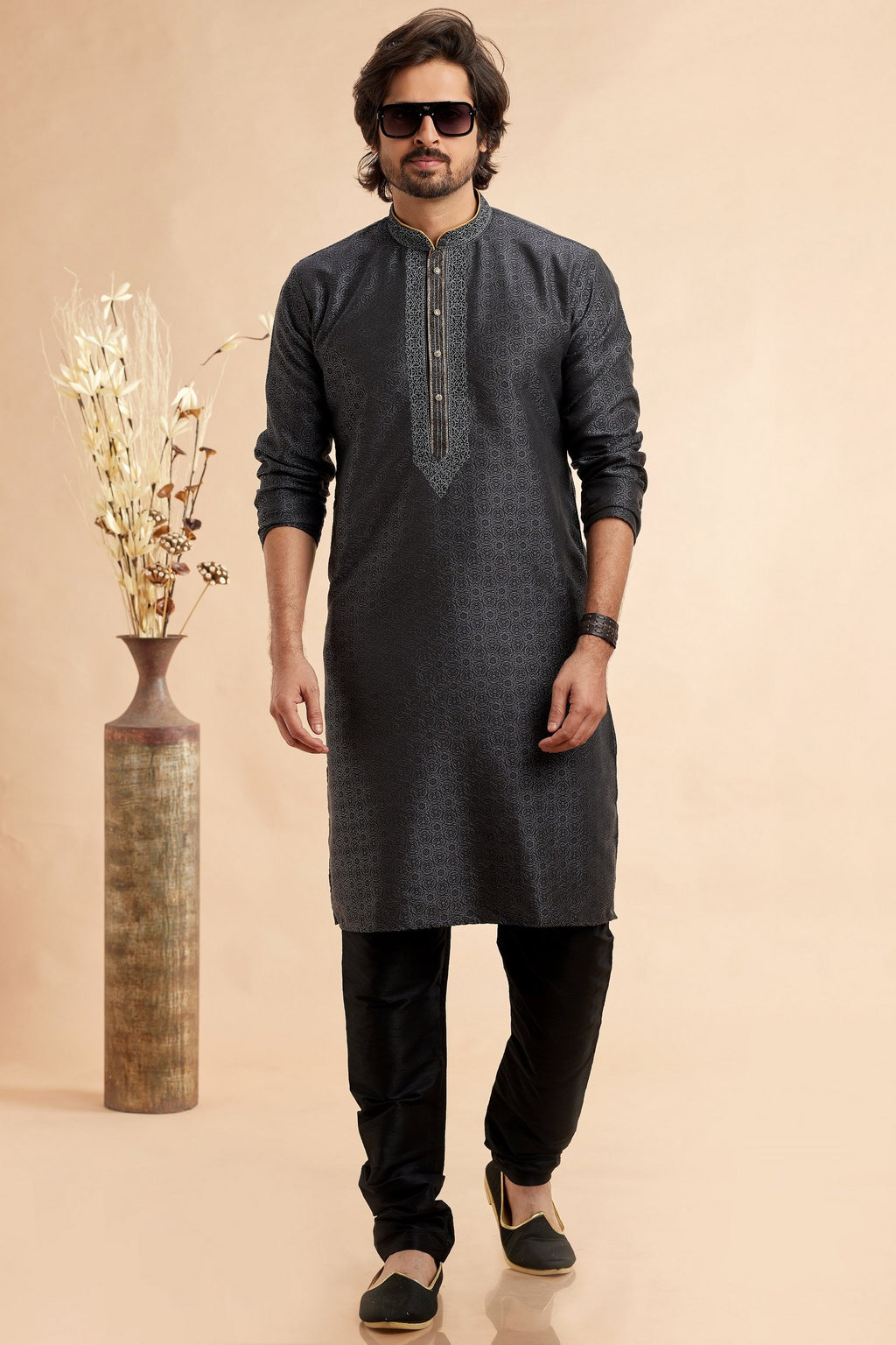 Black Jacquard Silk Plain Straight Kurta Pajama for Men for Festival & Weddings - Embroidery Work