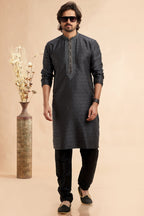 Black Jacquard Silk Plain Straight Kurta Pajama for Men for Festival & Weddings - Embroidery Work