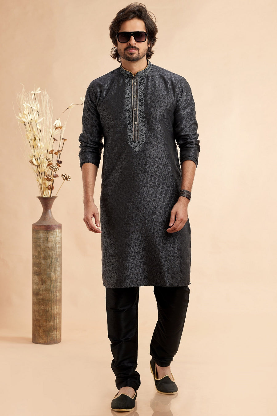 Black Jacquard Silk Plain Straight Kurta Pajama for Men for Festival & Weddings - Embroidery Work