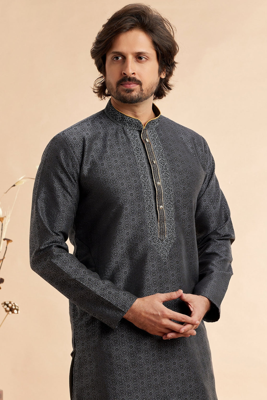 Black Jacquard Silk Plain Straight Kurta Pajama for Men for Festival & Weddings - Embroidery Work