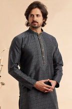 Black Jacquard Silk Plain Straight Kurta Pajama for Men for Festival & Weddings - Embroidery Work