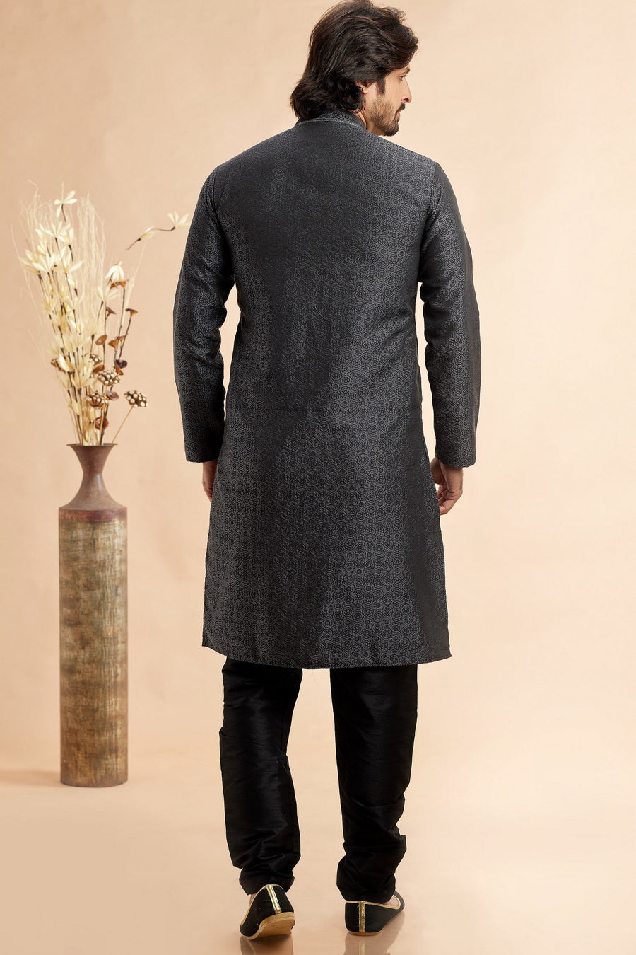 Black Jacquard Silk Plain Straight Kurta Pajama for Men for Festival & Weddings - Embroidery Work
