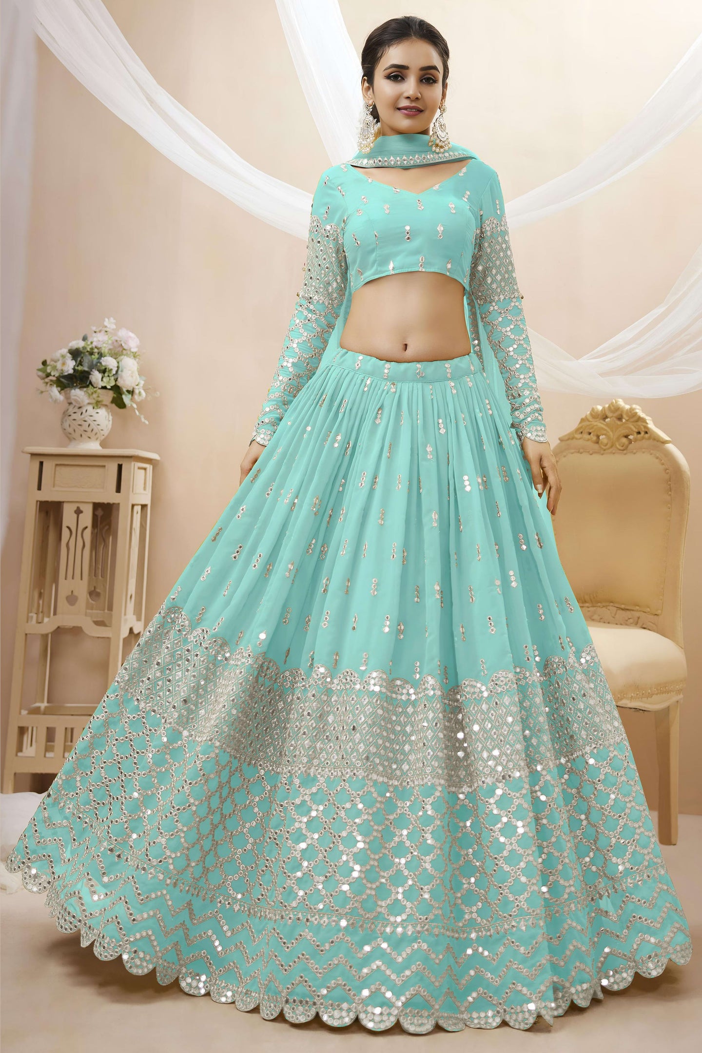 Sky Blue Georgette Lehenga Choli For Indian & Pakistani Wedding Festival - Sequins & Thread Embroidery Work, Zari Work